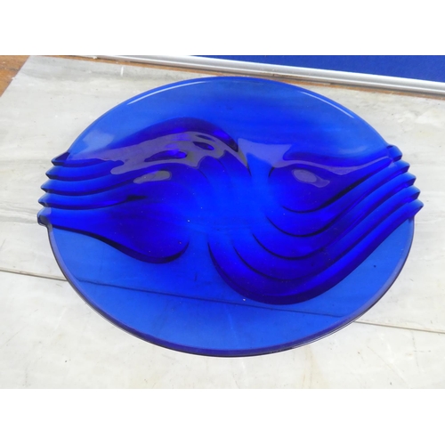 217 - A stunning vintage blue glass fruit bowl.  Approx 30cm dia.