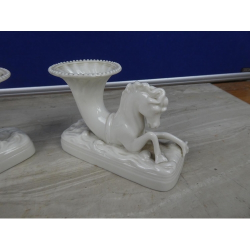 265 - A pair of Second Period Belleek Pottery Seahorse vases (1 a/f).