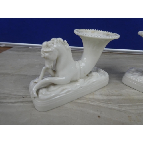 265 - A pair of Second Period Belleek Pottery Seahorse vases (1 a/f).