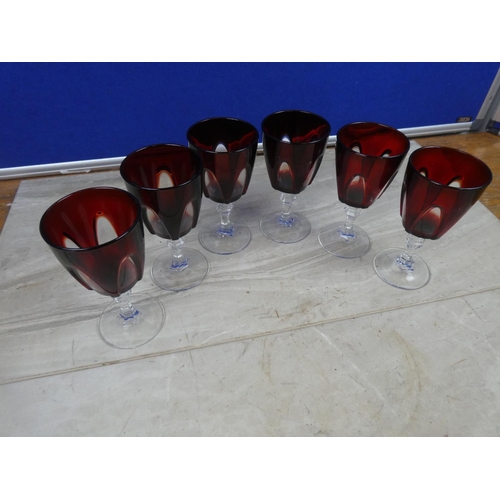 281 - An stunning set of six Bohemian ruby and clear patterned glasses.