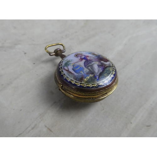 338 - A stunning antique yellow metal fob watch case with gilt and enamel panel.