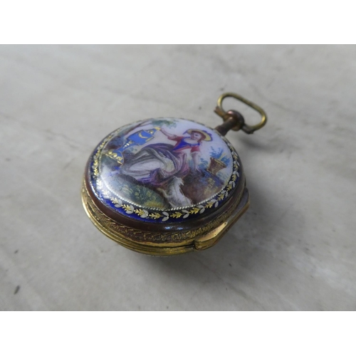 338 - A stunning antique yellow metal fob watch case with gilt and enamel panel.