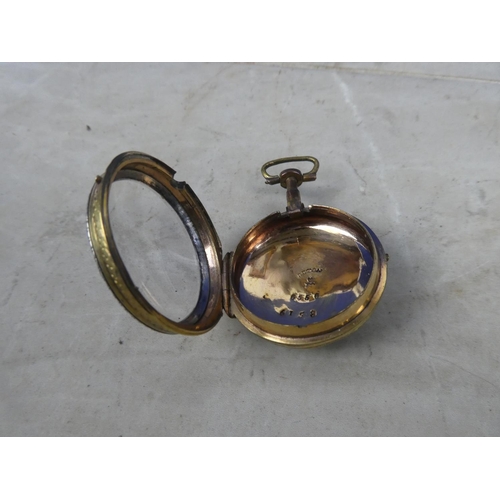 338 - A stunning antique yellow metal fob watch case with gilt and enamel panel.