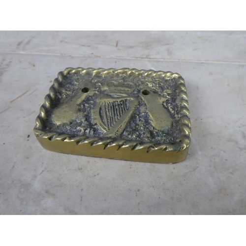 381 - An unusual Irish harp brass plaque.