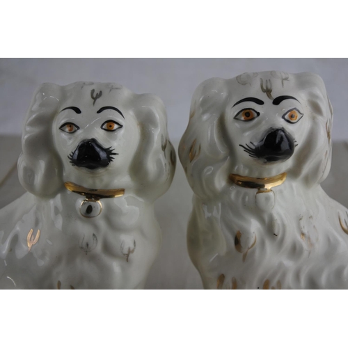 103 - A pair of antique Staffordshire spaniel mantle dogs.  Approx 15cm.