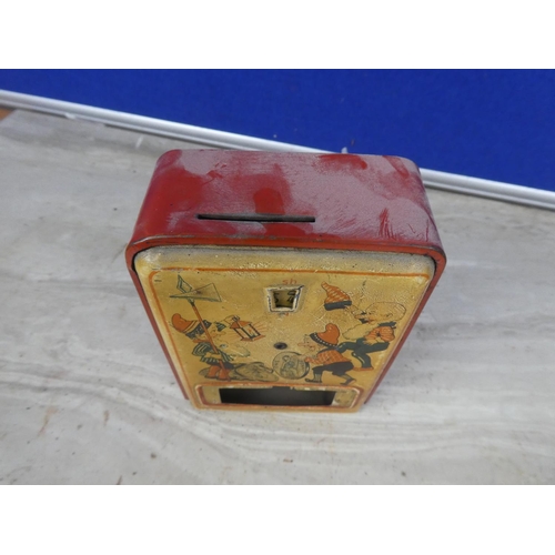 403 - A vintage tin plate money box (a/f).