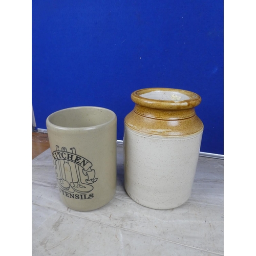 413 - An antique stoneware pot initialled WPH and another kitchen utensil container.