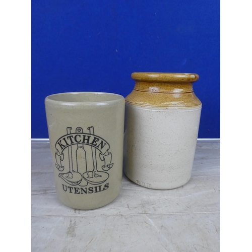 413 - An antique stoneware pot initialled WPH and another kitchen utensil container.