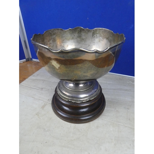 477 - A very large EPNS presentation bowl on wooden base.  Approx 25cm.