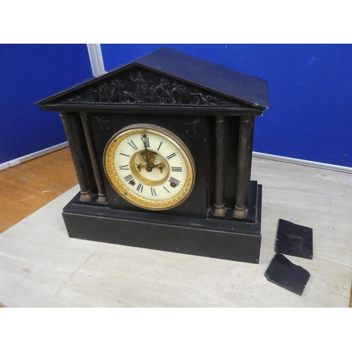 502 - An antique slate mantle clock with ceramic and gilt dial (a/f).  Approx 35x31x14cm.