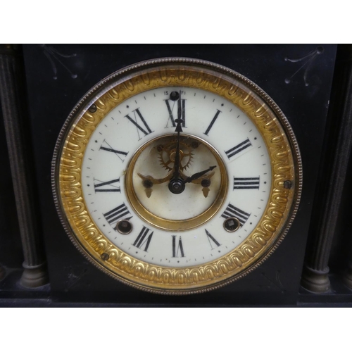 502 - An antique slate mantle clock with ceramic and gilt dial (a/f).  Approx 35x31x14cm.