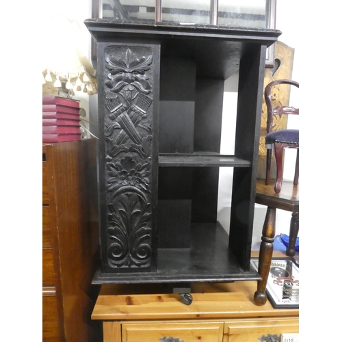 511 - A rare antique painted oak revolving bookstand with hand carved 'Green Man' panels.