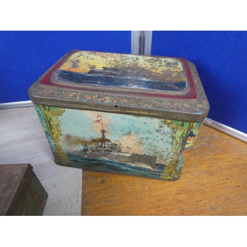 544 - A collection of vintage tins to include J & J Colman Ltd mustard tin decorated with warships, a Gall... 