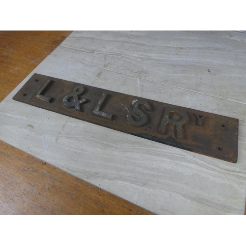 558 - An antique cast iron railway plaque L & LSRy.  Approx 55x10cm.