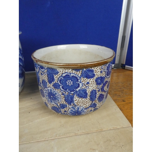 595 - A hand painted blue and white patterned plant pot with oriental design and more.