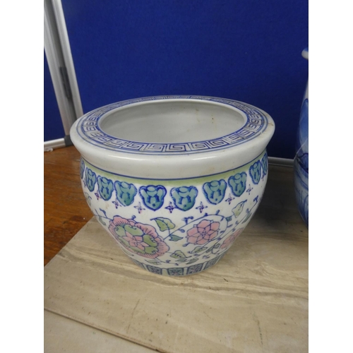 595 - A hand painted blue and white patterned plant pot with oriental design and more.