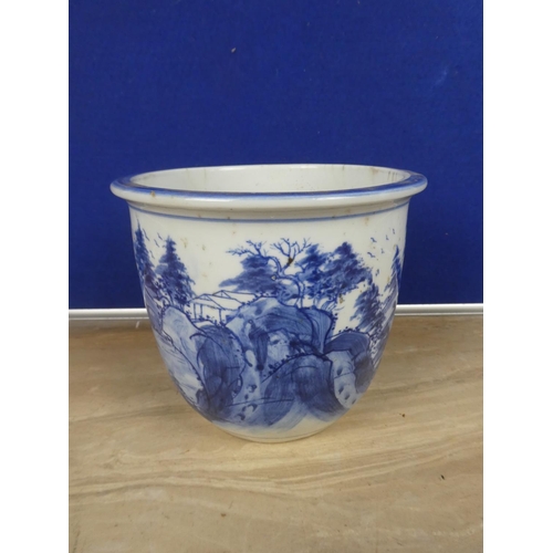 595 - A hand painted blue and white patterned plant pot with oriental design and more.