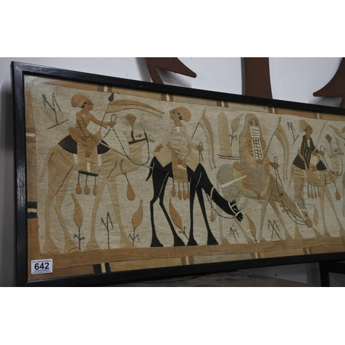 642 - A stunning framed Egyptian tapestry depicting 6 camel riders with the Giza necropolis / 3 great pyra... 