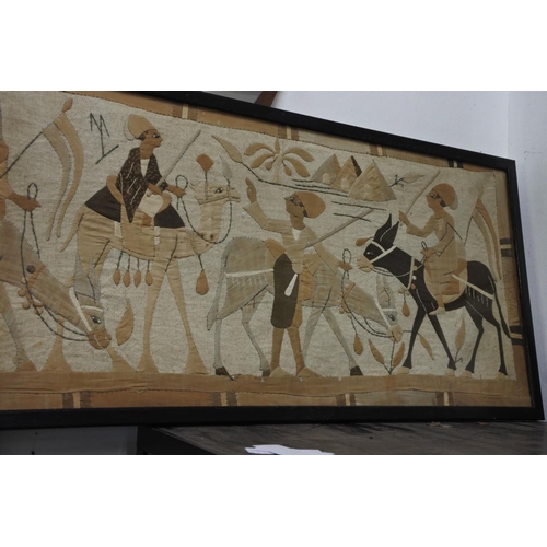 642 - A stunning framed Egyptian tapestry depicting 6 camel riders with the Giza necropolis / 3 great pyra... 