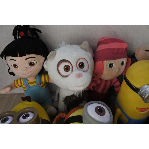 689 - A box of assorted soft toys to include Despicable Me 2 characters and more.