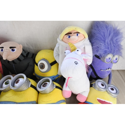 689 - A box of assorted soft toys to include Despicable Me 2 characters and more.