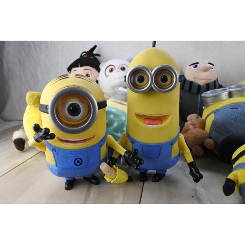 689 - A box of assorted soft toys to include Despicable Me 2 characters and more.