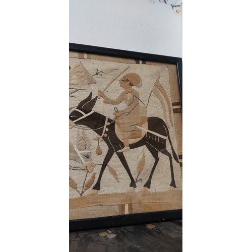 642 - A stunning framed Egyptian tapestry depicting 6 camel riders with the Giza necropolis / 3 great pyra... 