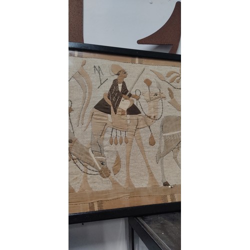 642 - A stunning framed Egyptian tapestry depicting 6 camel riders with the Giza necropolis / 3 great pyra... 