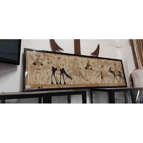 642 - A stunning framed Egyptian tapestry depicting 6 camel riders with the Giza necropolis / 3 great pyra... 