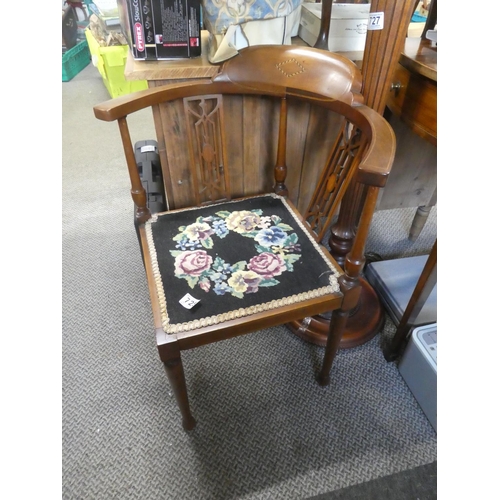 725 - A stunning antique mahogany corner chair with inlay detail and tapestry top seat.