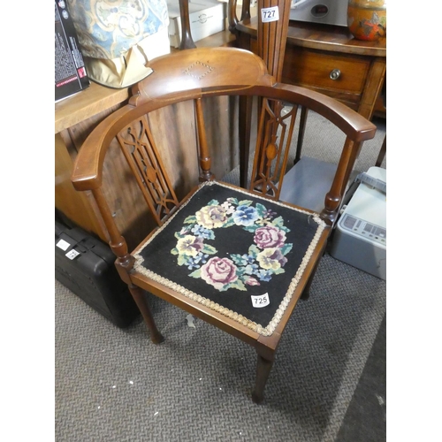 725 - A stunning antique mahogany corner chair with inlay detail and tapestry top seat.