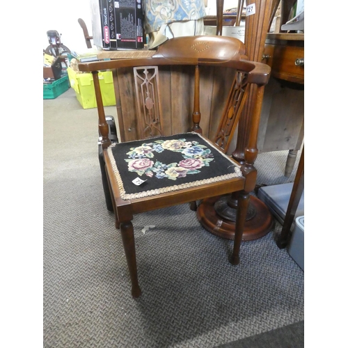 725 - A stunning antique mahogany corner chair with inlay detail and tapestry top seat.