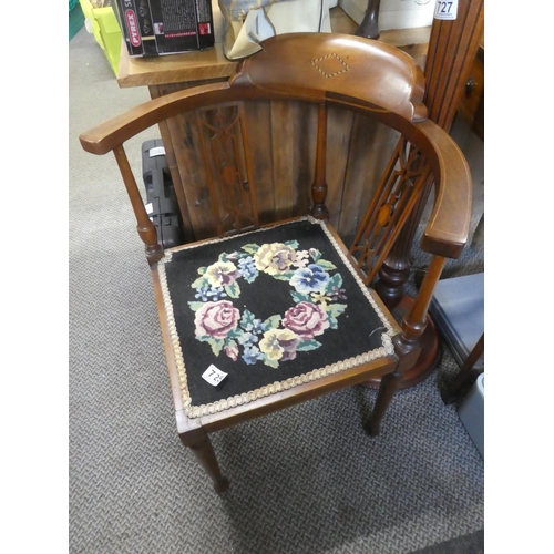 725 - A stunning antique mahogany corner chair with inlay detail and tapestry top seat.