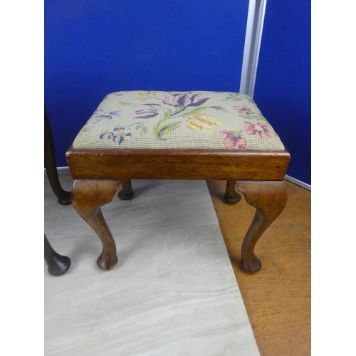 731 - Two antique mahogany tapestry topped stools.  Largest approx 37x38x28cm.