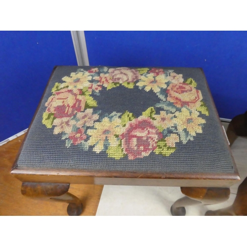 731 - Two antique mahogany tapestry topped stools.  Largest approx 37x38x28cm.