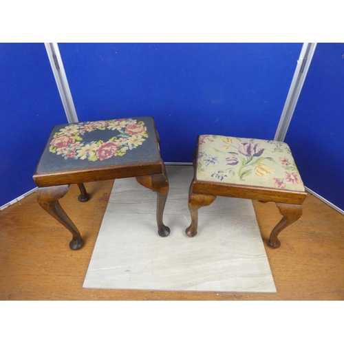 731 - Two antique mahogany tapestry topped stools.  Largest approx 37x38x28cm.