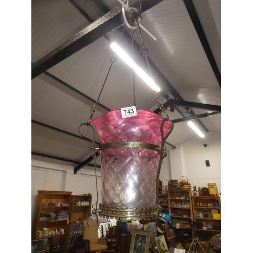 743 - A stunning antique ruby glass shade pendant light on  brass bracket.