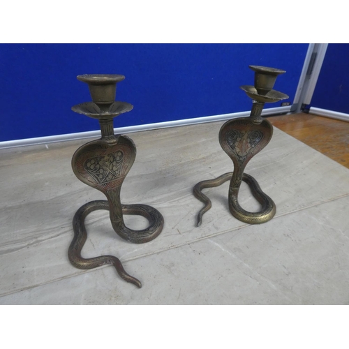 747 - A pair of brass candlesticks in the style of snake with decorative detail.  Approx 18cm.