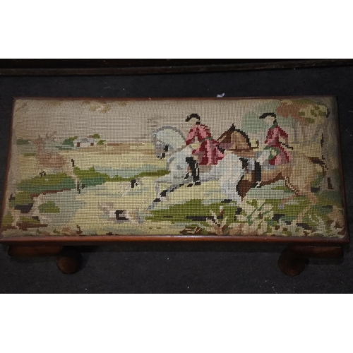 780 - A stunning antique mahogany tapestry top stool of a hunting scene.  Approx 60x48x28cm.