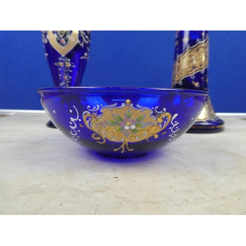 80 - Three pieces of Victorian bristol blue glass with gilt and floral detail.