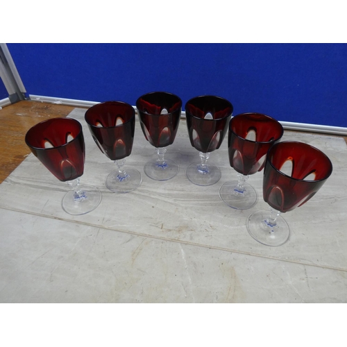 281 - An stunning set of six Bohemian ruby and clear patterned glasses.