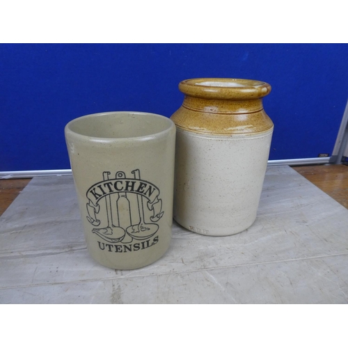 413 - An antique stoneware pot initialled WPH and another kitchen utensil container.