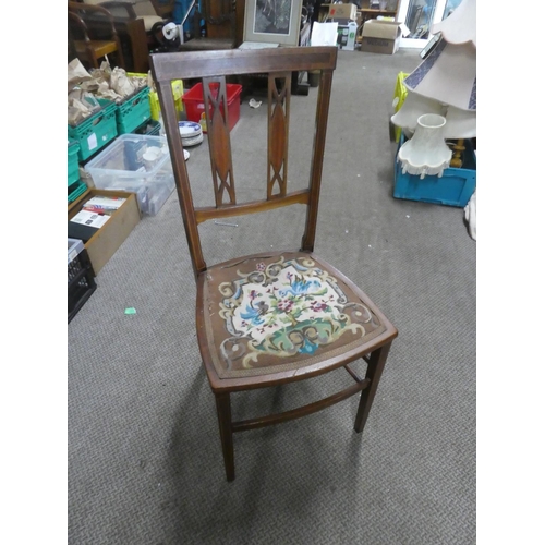 483 - A stunning antique mahogany and inlay chair with tapestry upholstery.