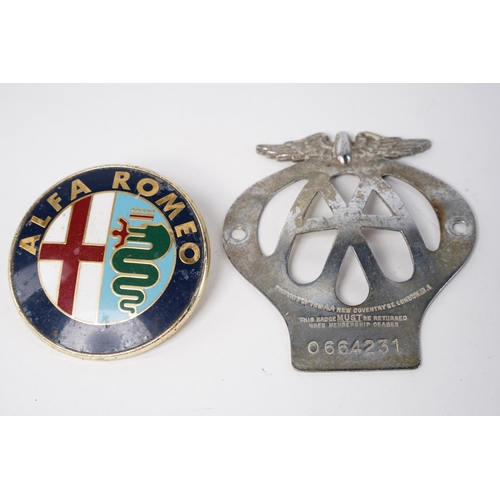 15 - A vintage AA car badge and an Alfa Romeo car badge.