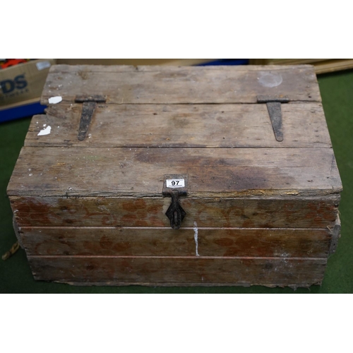 97 - An antique wooden storage crate, measuring 48cm x 34cm x 70cm.