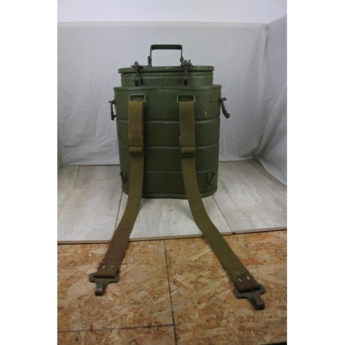 103 - A vintage metal backpack storage container, measuring 41cm x 25cm x 34cm.