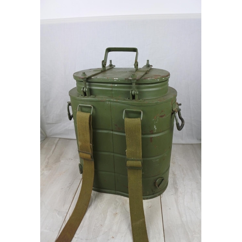 103 - A vintage metal backpack storage container, measuring 41cm x 25cm x 34cm.