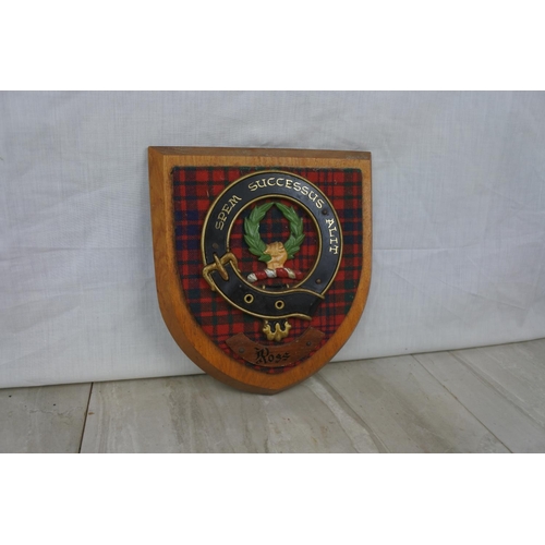 118 - A vintage Scottish themed shield plaque 'Ross - Spem Successus Alit', approx 18x20cm.