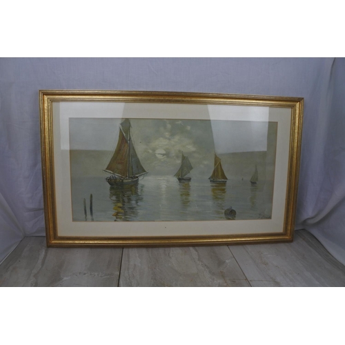 120 - A stunning gilt framed print of sailing ships, signed by artist, approx 71x42cm.