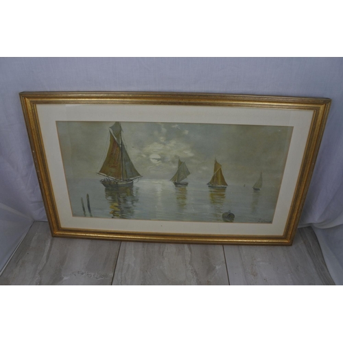 120 - A stunning gilt framed print of sailing ships, signed by artist, approx 71x42cm.